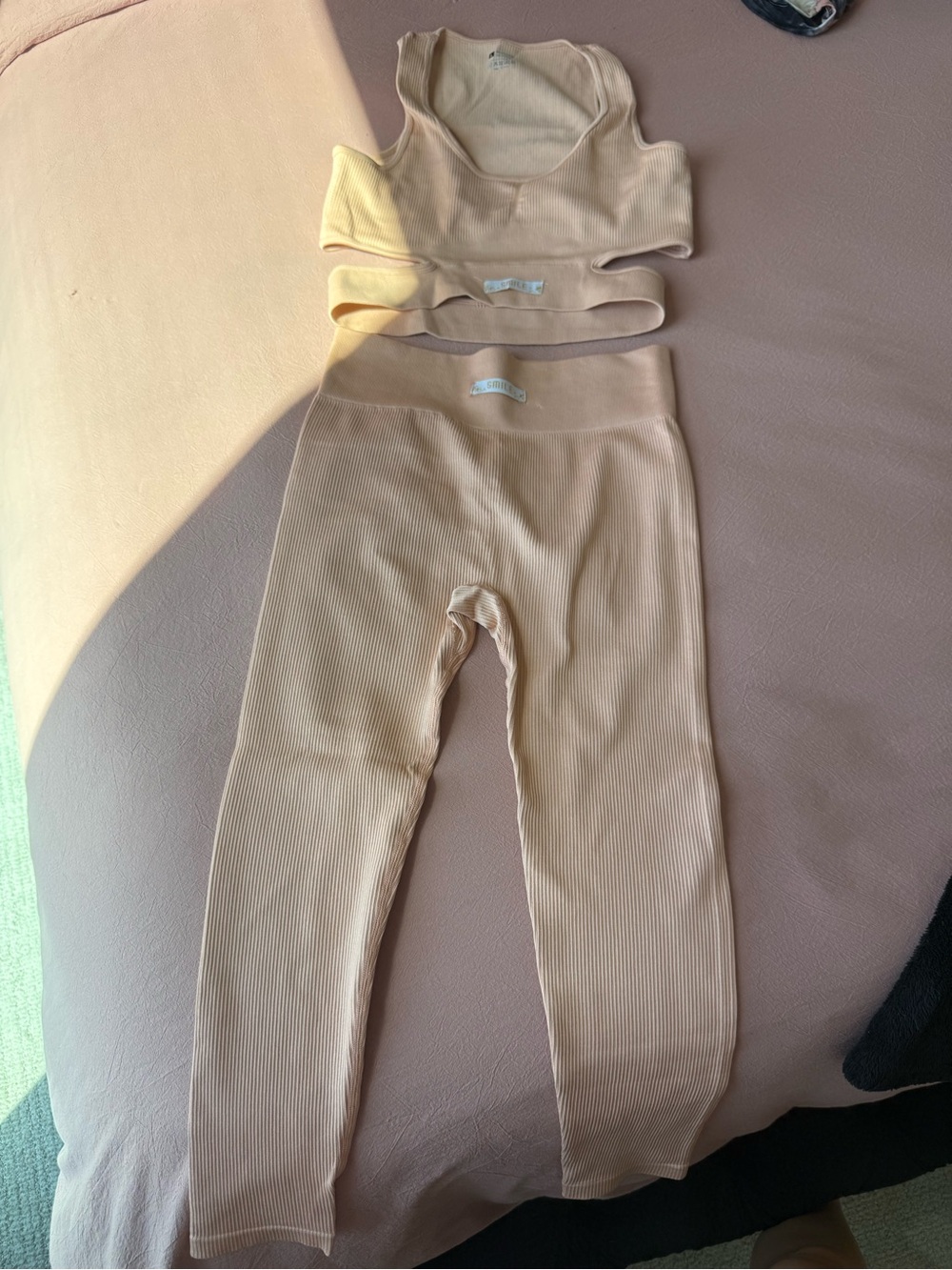 Ribbed High-Waist Leggings and crop top in pink beige - Women's Seamless Stretch